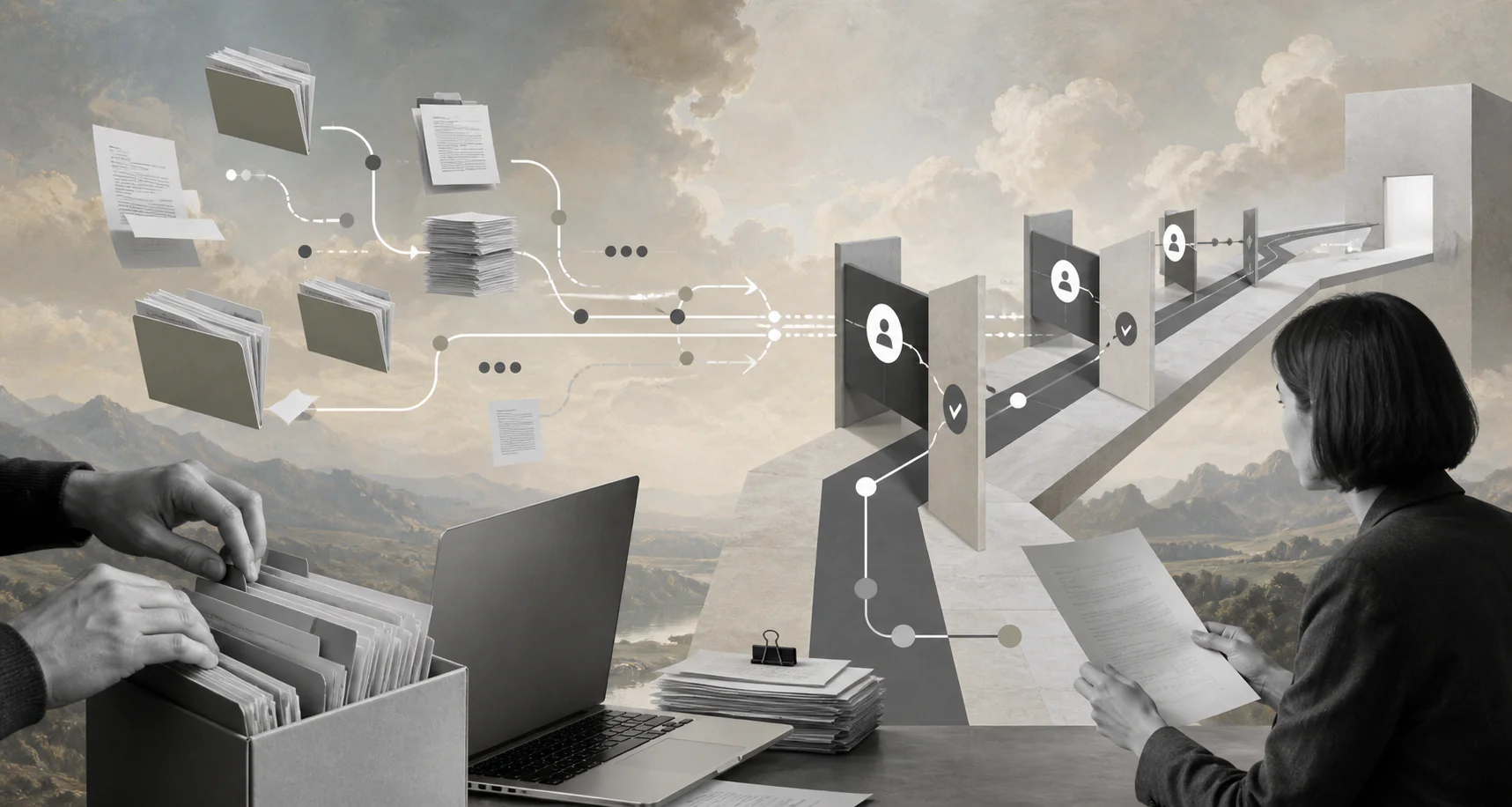 Surreal editorial collage about RAG workflow automation for business operations