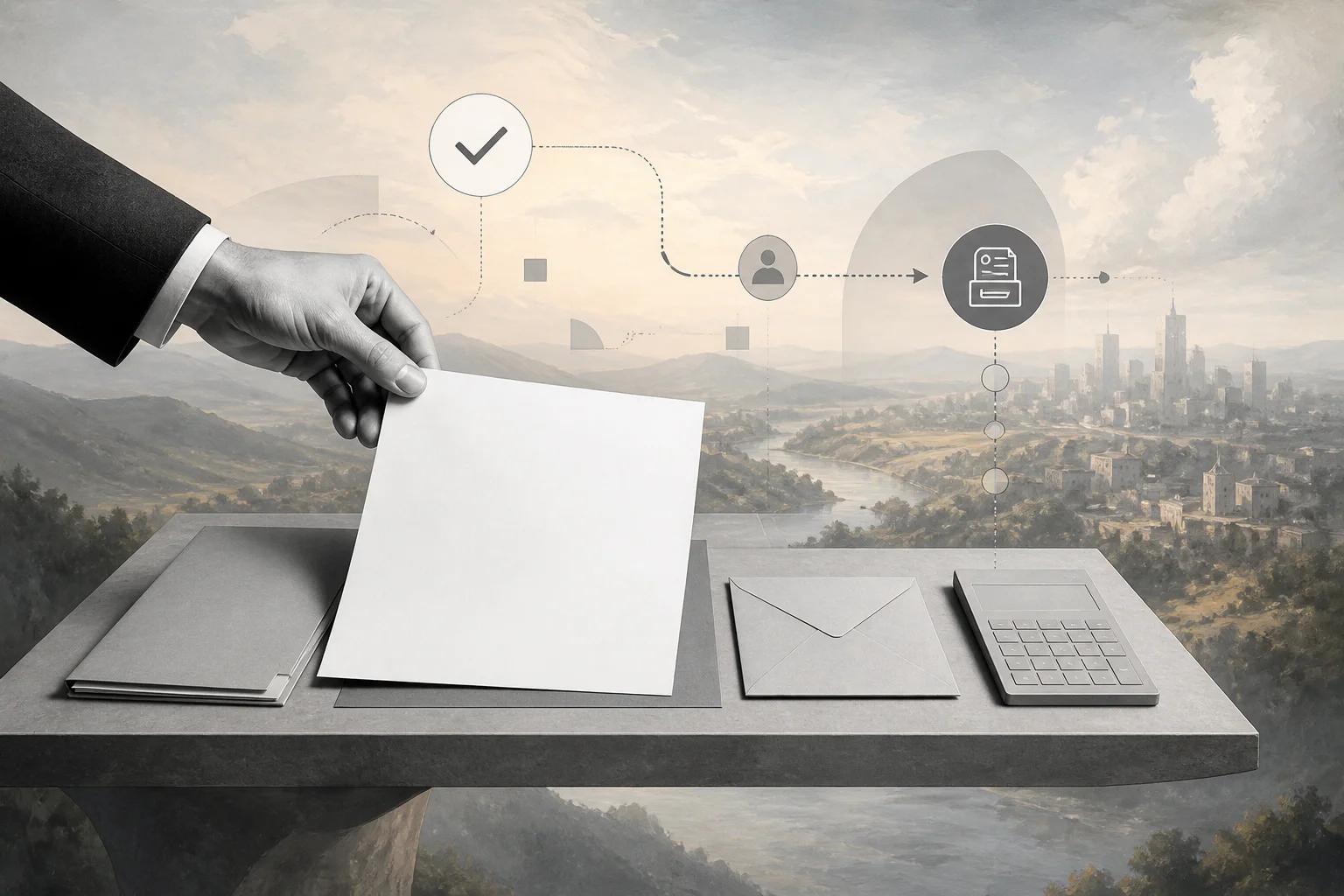 Surreal editorial collage for salary increase letter approval and payroll workflow
