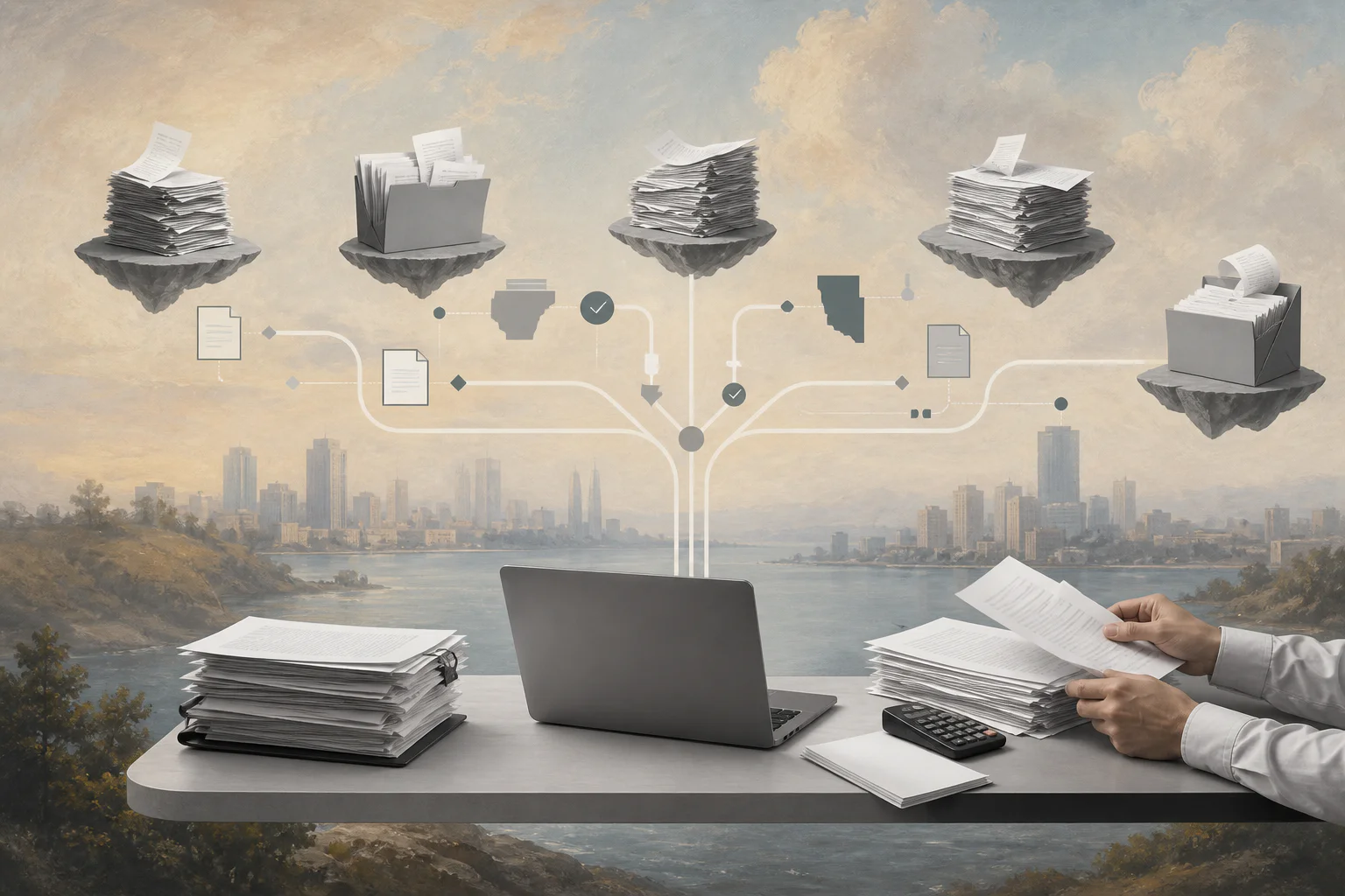 Surreal editorial collage about organizing sales tax consulting workflows