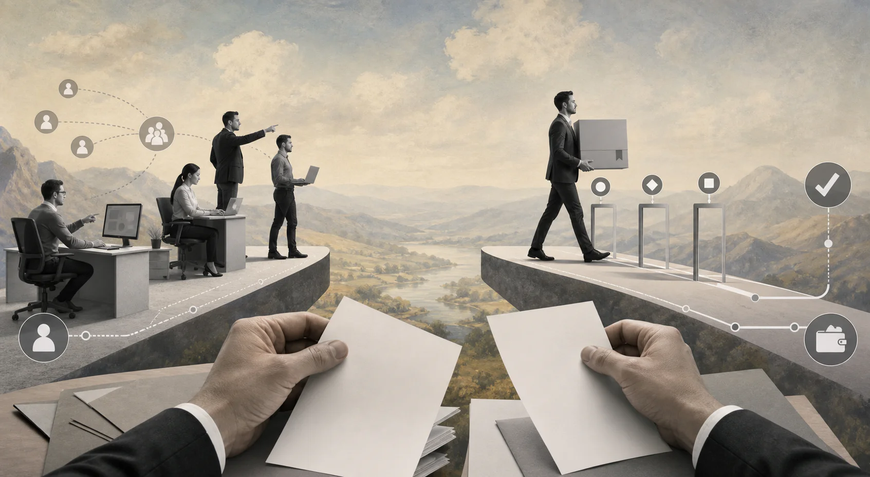 Editorial illustration comparing SOW and staff augmentation operating models