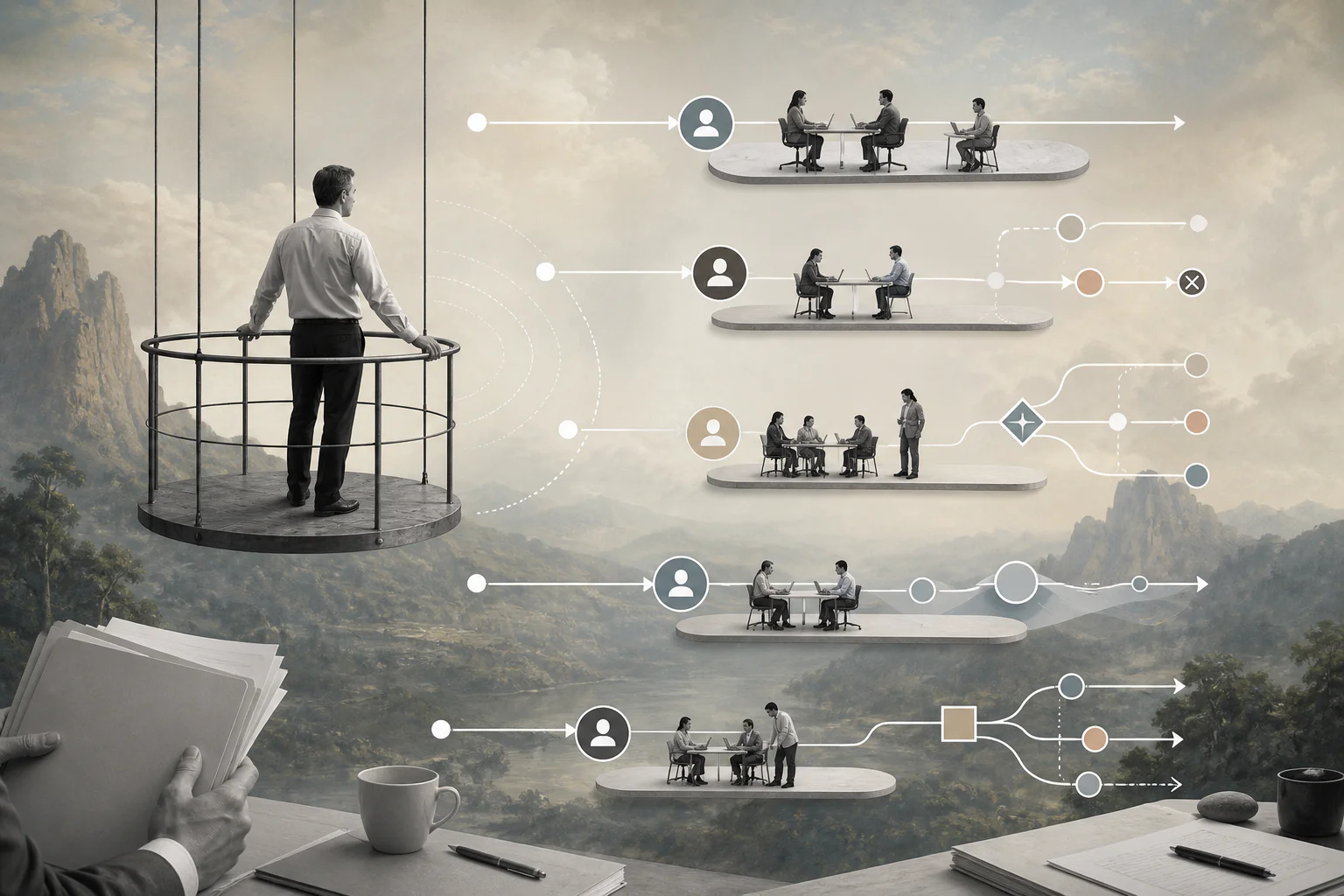 Surreal editorial collage representing span of control for operations managers