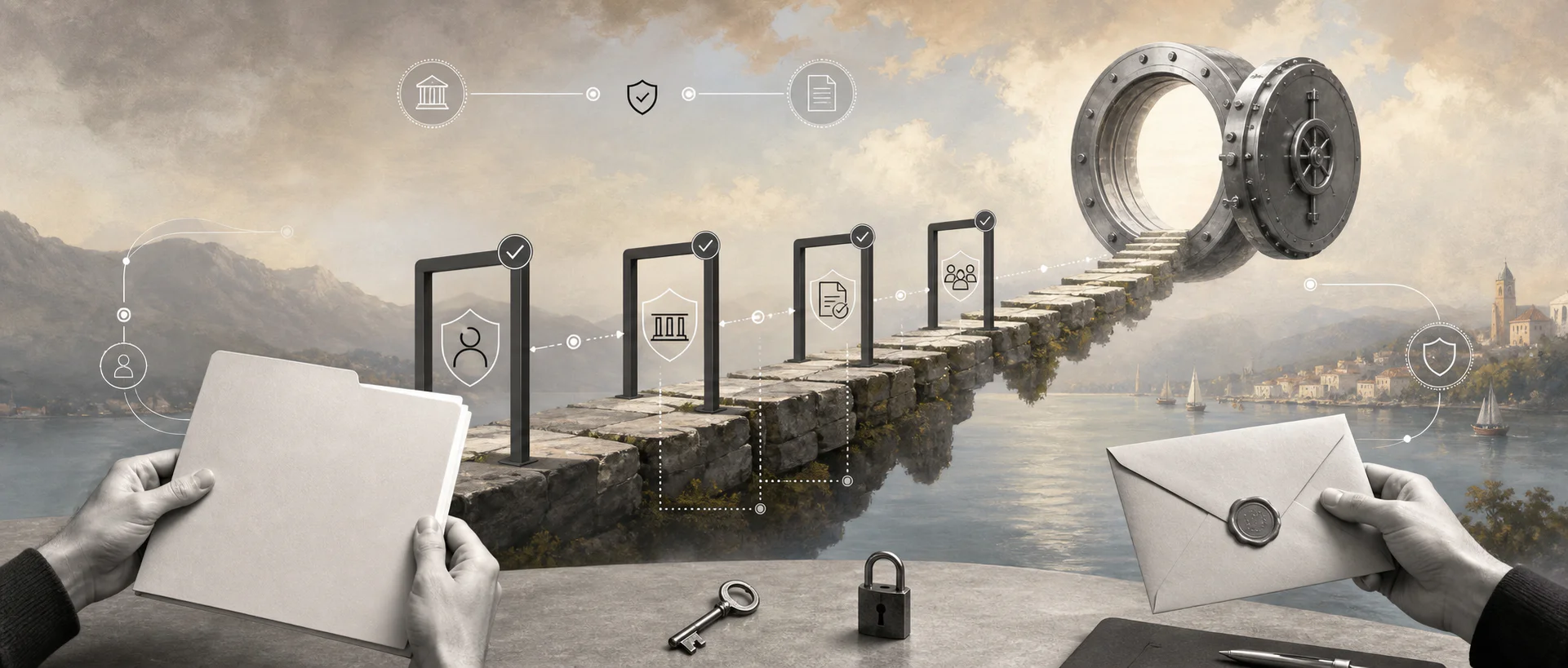 Surreal editorial collage about vendor bank account verification controls before payment release