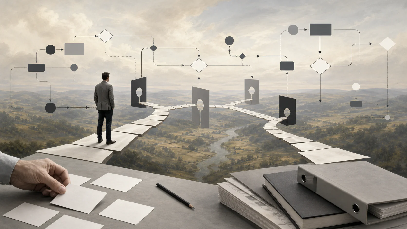 Surreal editorial collage representing a business workflow diagram with handoffs, decision points, and operational paths.