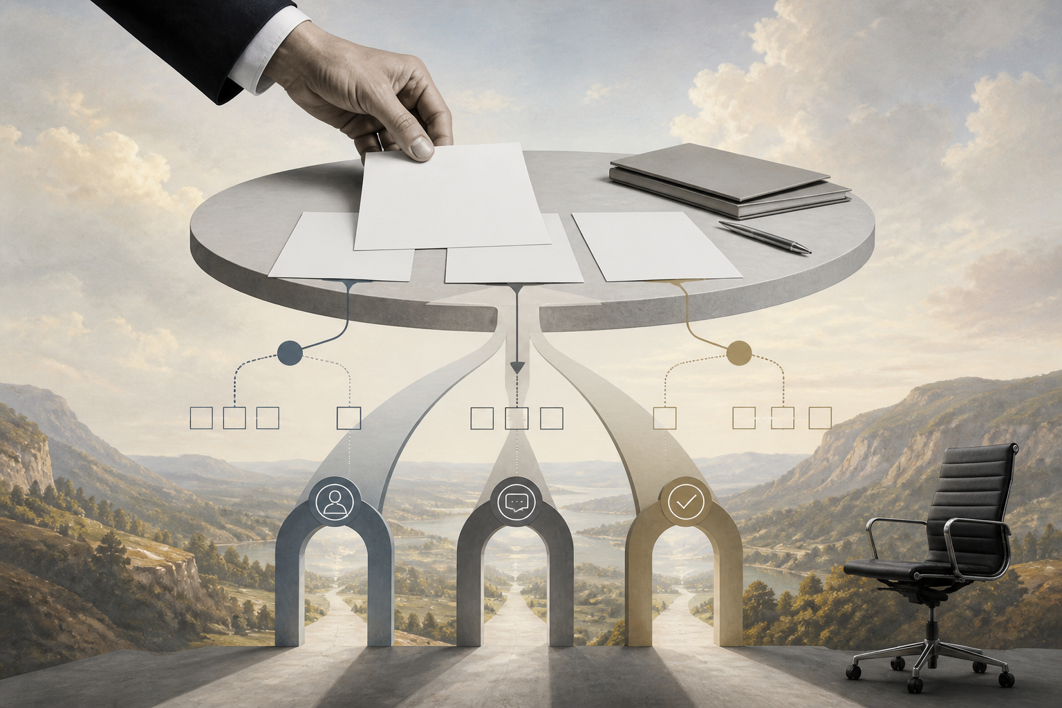 Surreal editorial collage for a 90 day review template for managers
