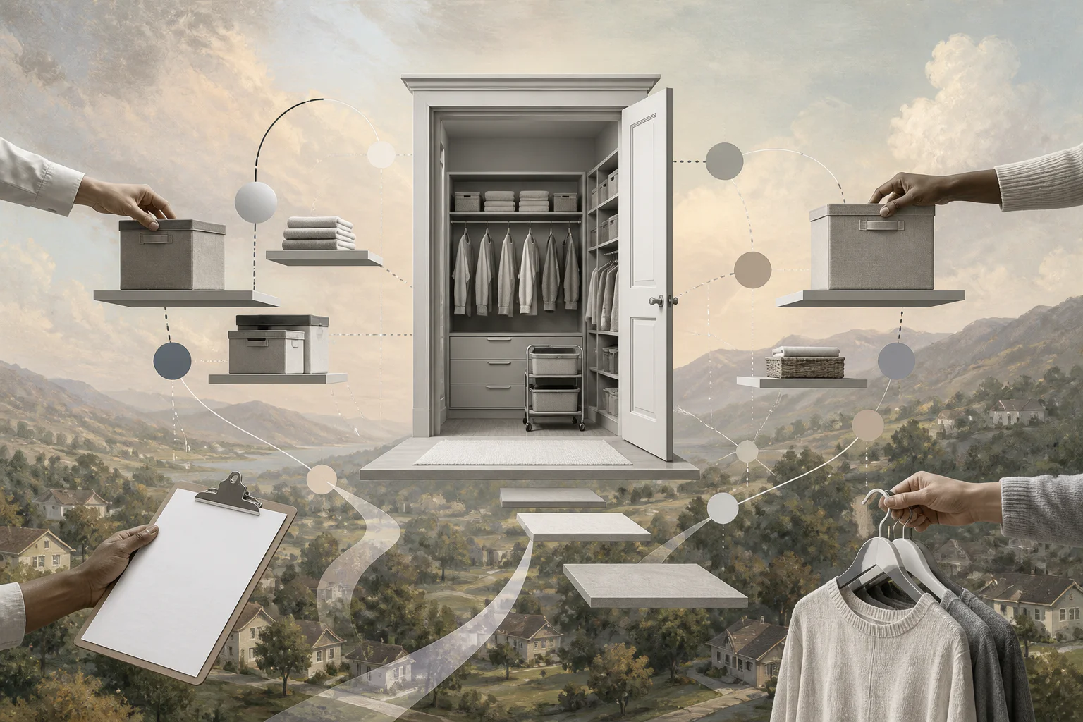 Surreal editorial collage representing a lean home organizing business launch platform