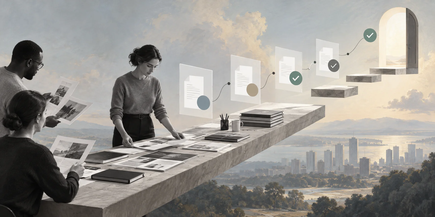 Surreal editorial collage representing an agency approval workflow for business teams