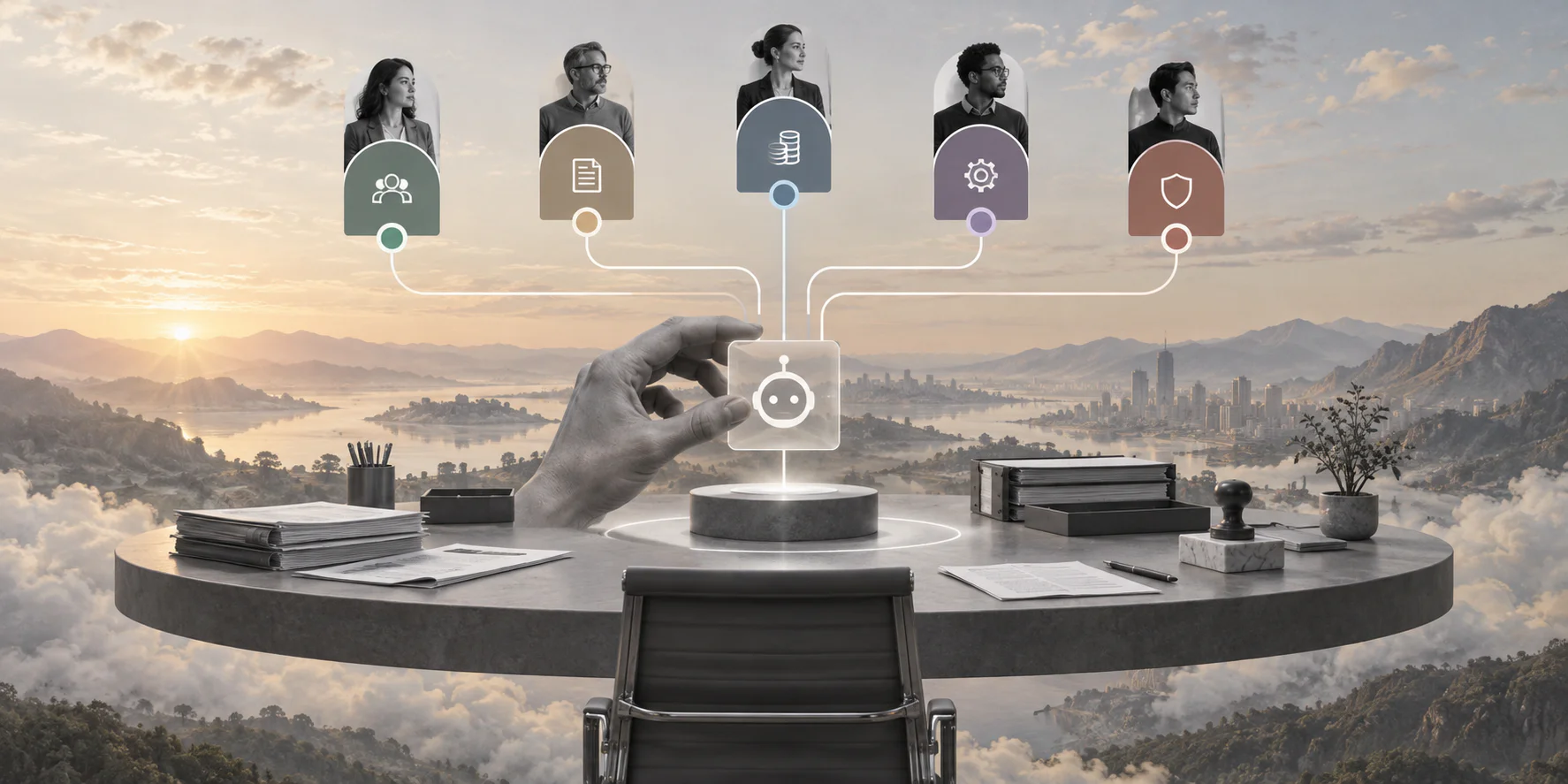 Surreal editorial collage representing an AI agent escalation matrix for business workflows