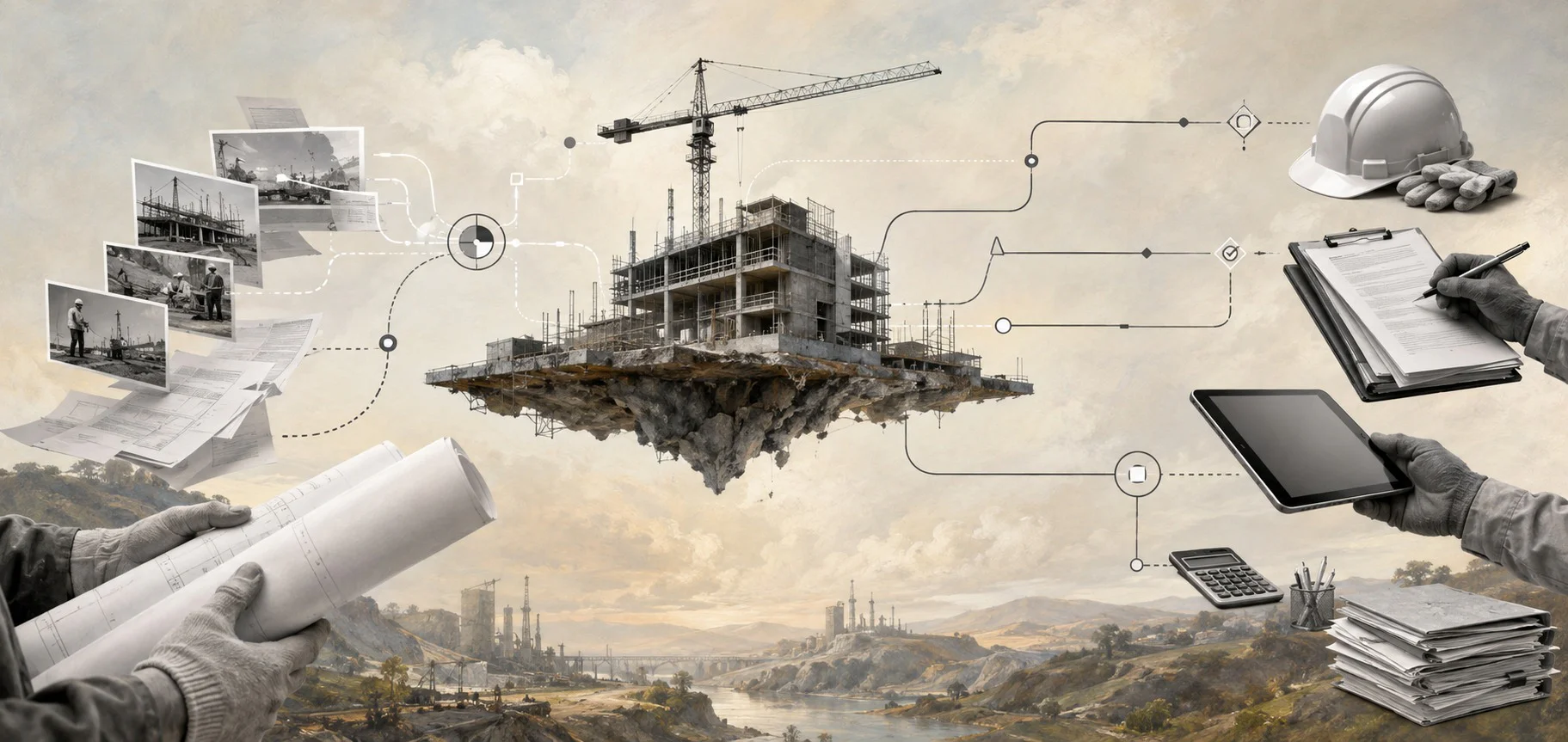 Surreal editorial construction workflow automation image