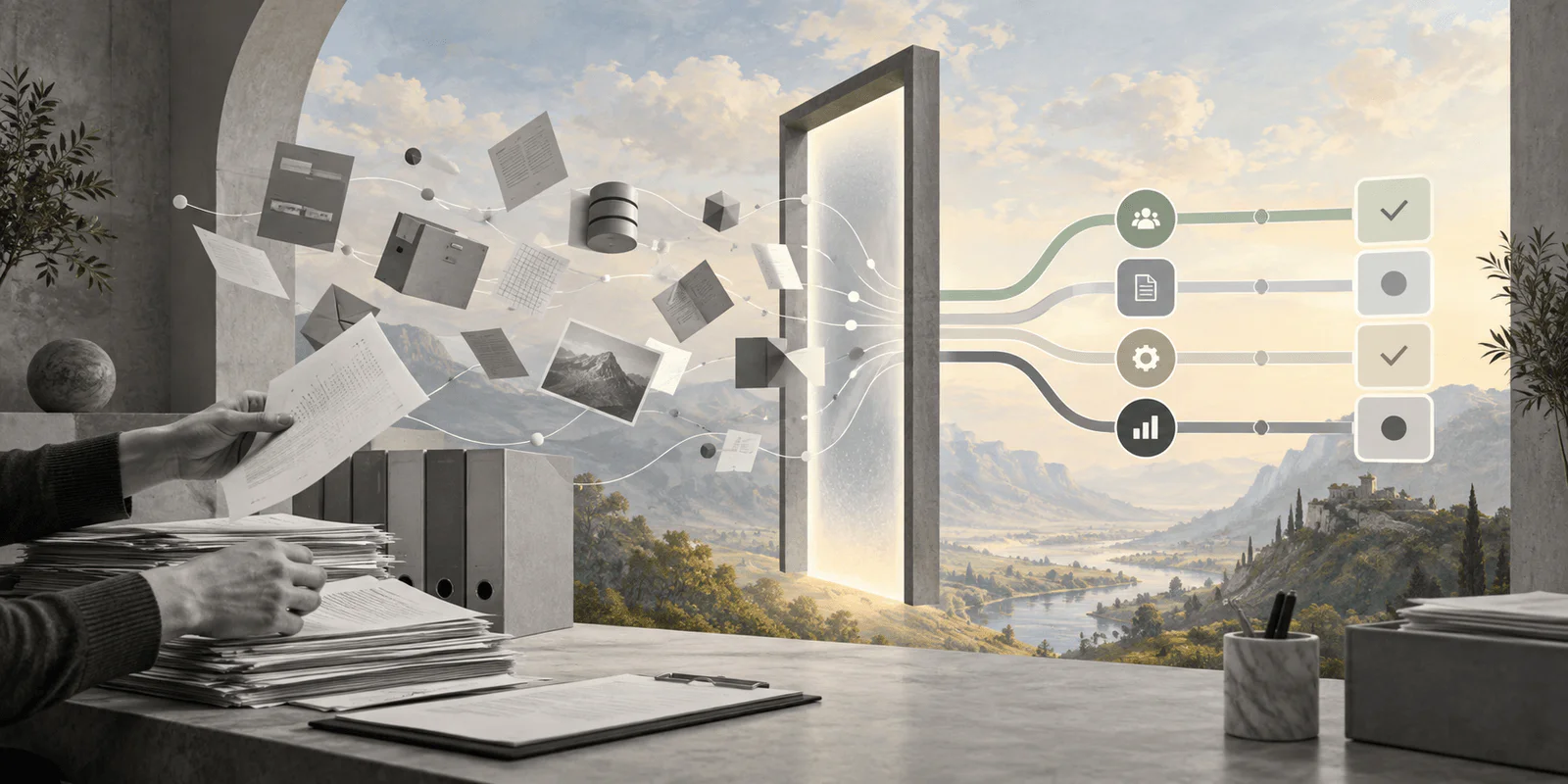 Surreal editorial collage showing operational data becoming ready for AI workflow automation