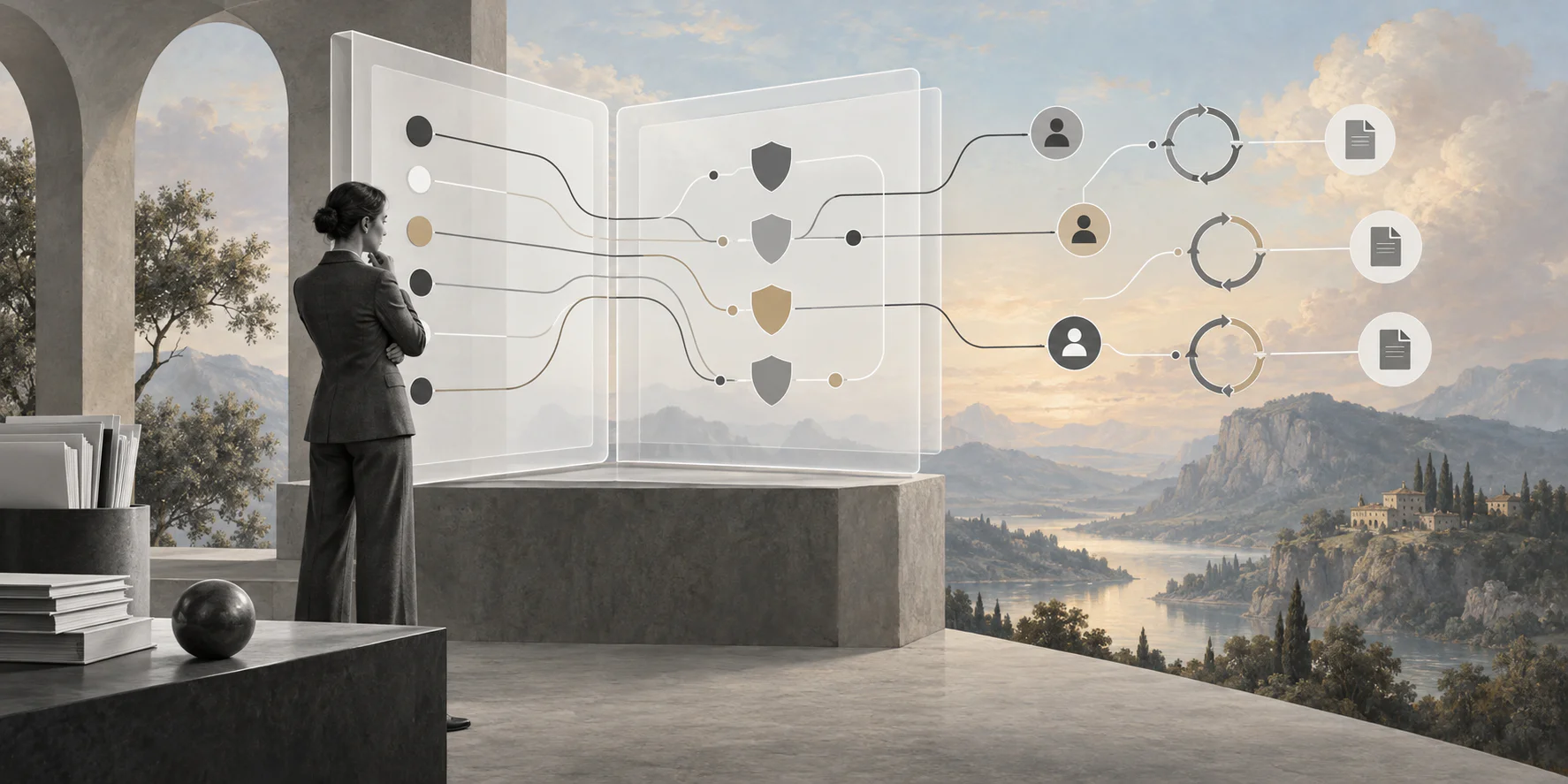 Surreal editorial collage representing an AI risk register connected to workflow controls, owners, and evidence trails