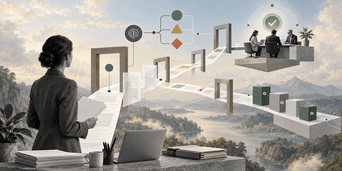 Surreal editorial collage about AI use case intake workflow routing and approvals