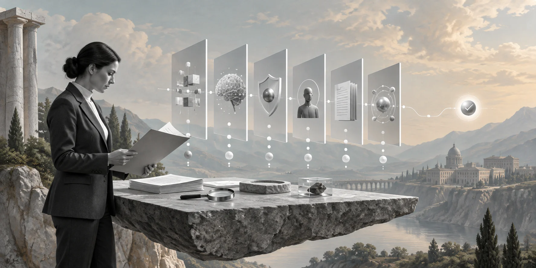 Editorial image showing an AI vendor request moving through layered risk review gates