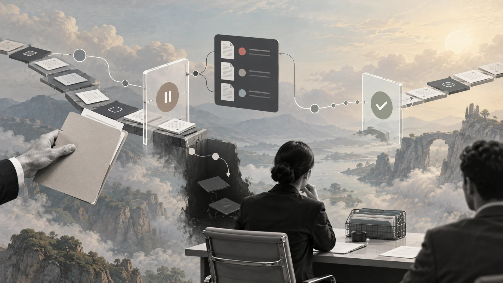 Surreal editorial collage of an AI workflow exception checkpoint and human review path