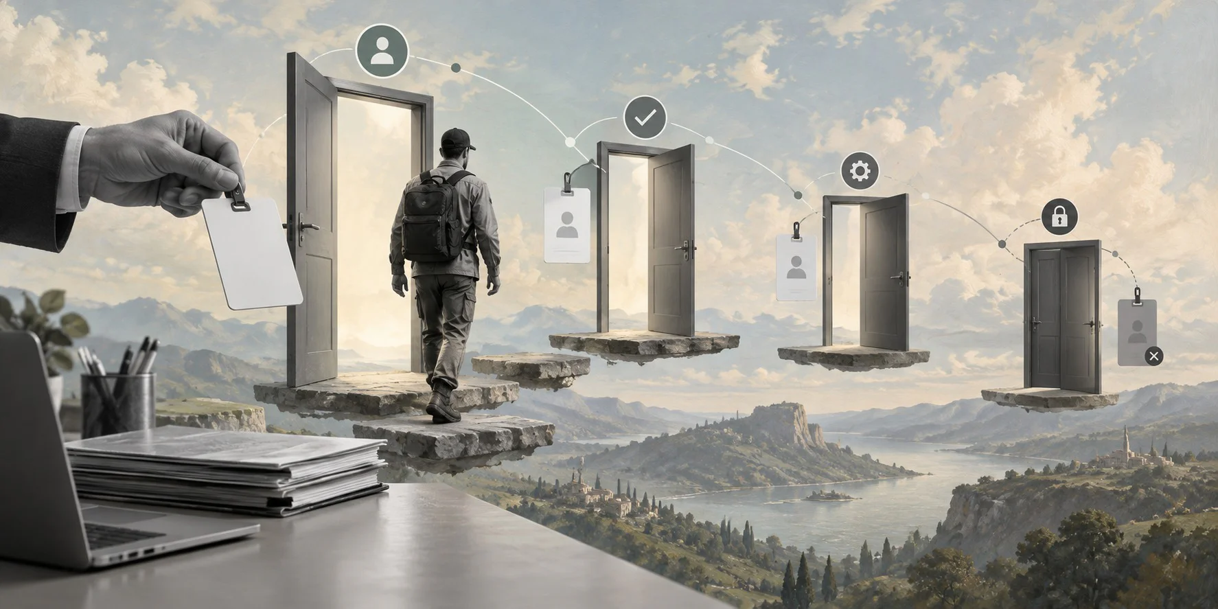Surreal editorial collage showing controlled contractor access across a workflow lifecycle