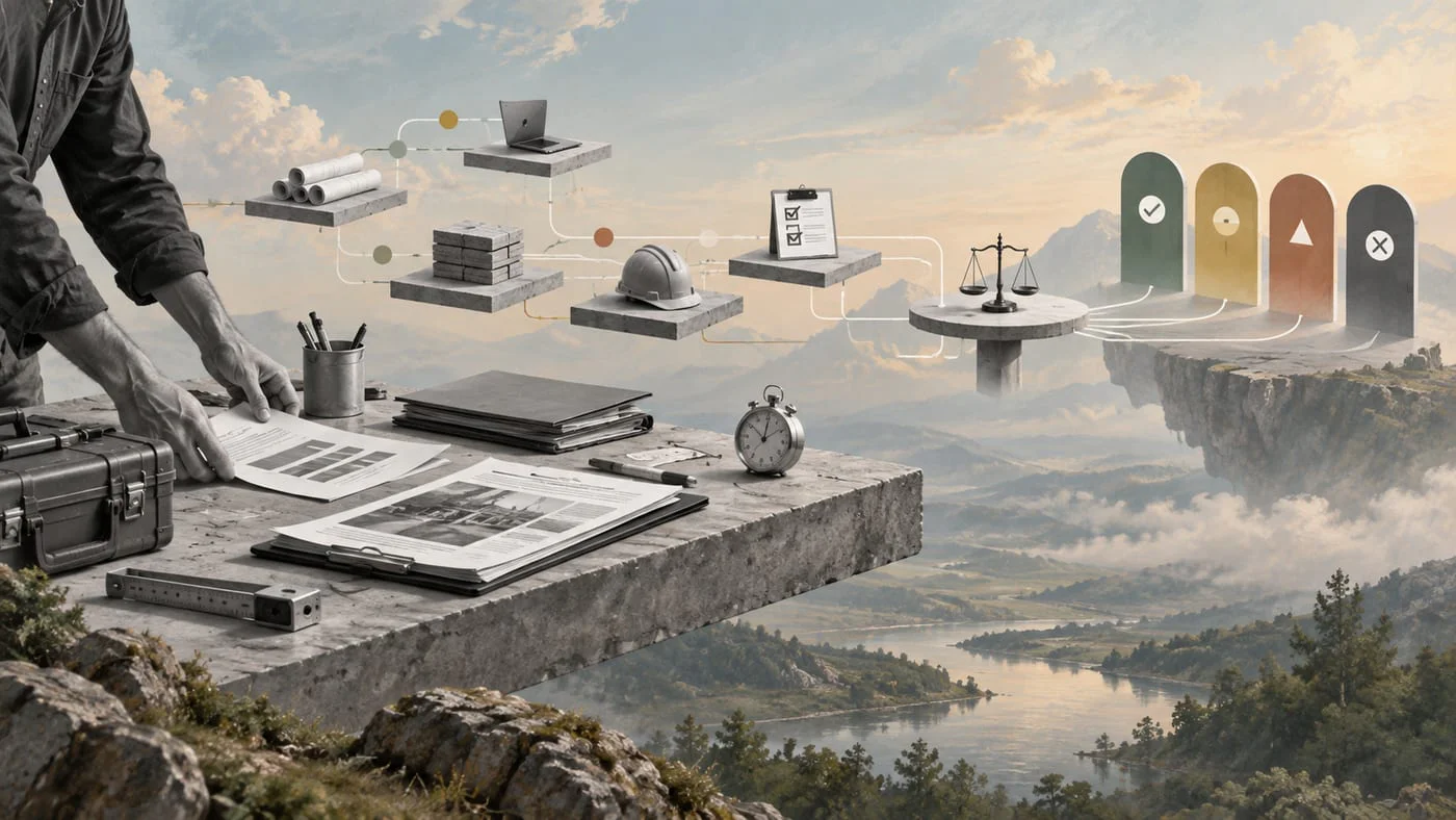 Surreal editorial collage representing contractor performance management workflows and scorecards