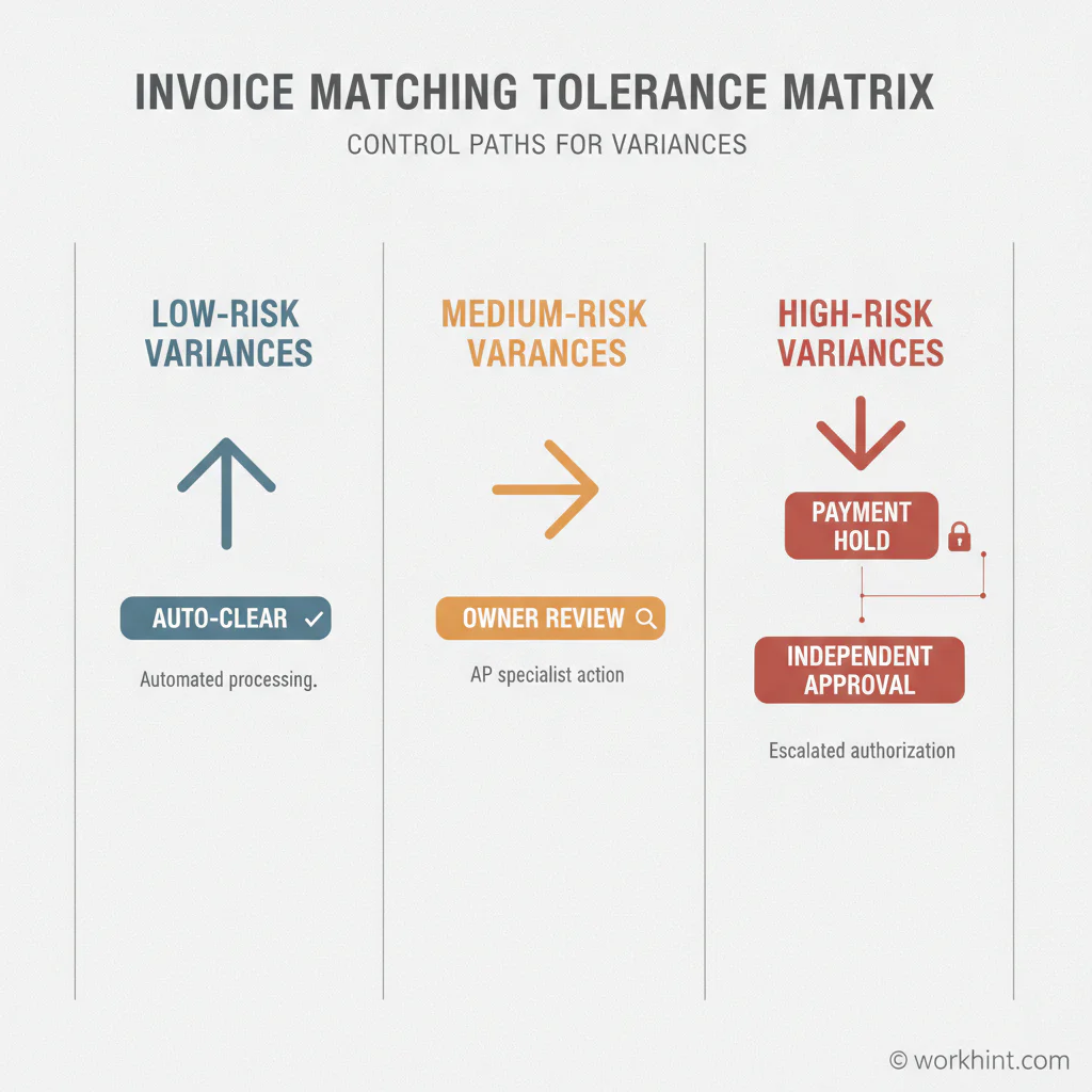 Invoice matching tolerance matrix showing auto-clear, owner review, and payment hold control paths