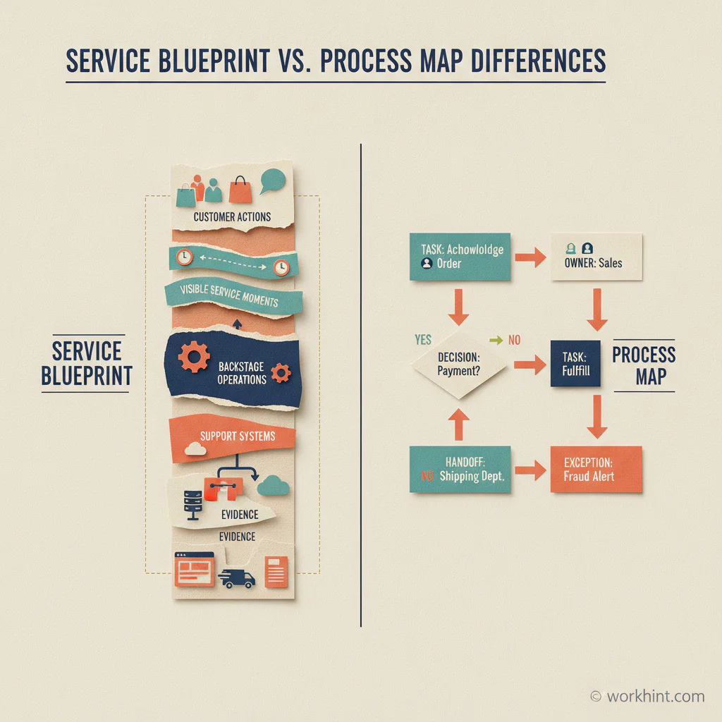 Editorial comparison of a service blueprint and a process map