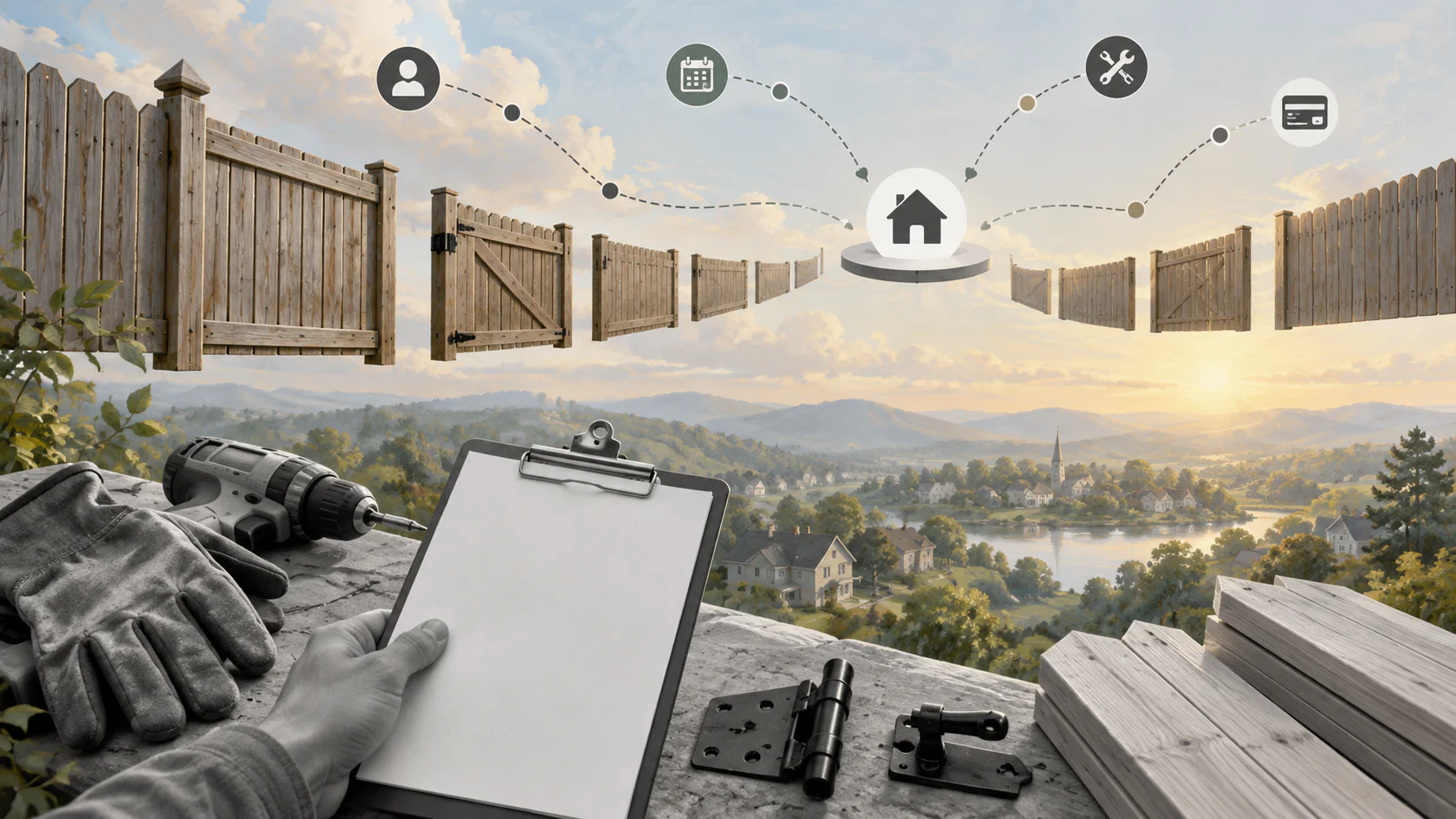 Surreal editorial collage for launching a fence repair business with a provider network