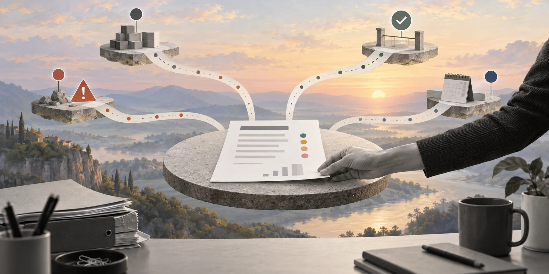Surreal editorial collage representing weekly project status reporting