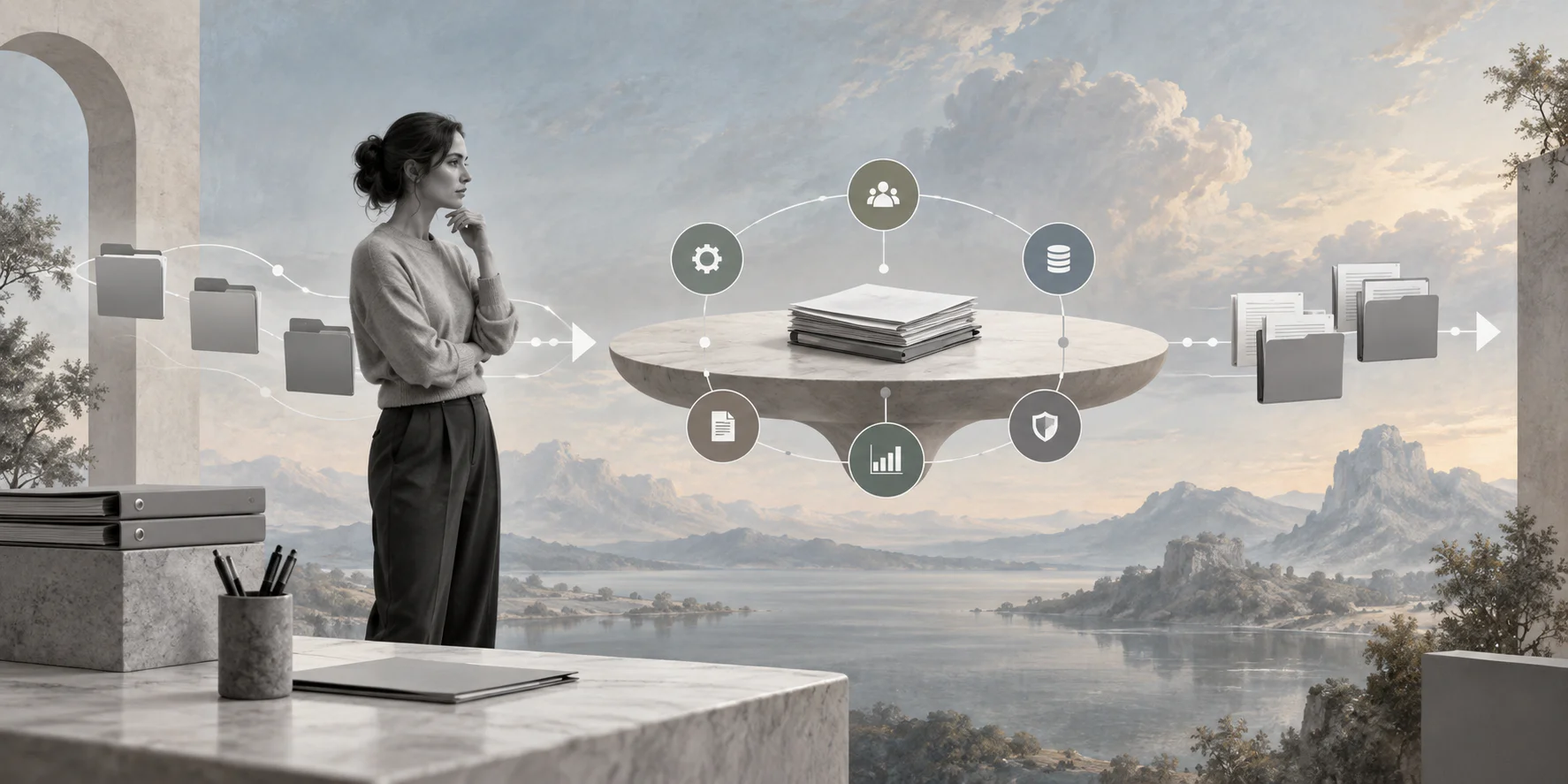 Surreal editorial collage representing a turtle diagram process map for business operations