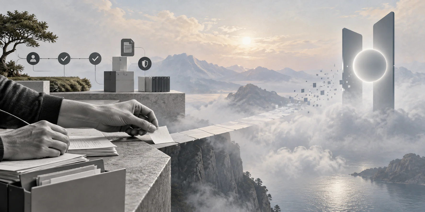 Surreal editorial collage for zero data retention in AI workflow automation