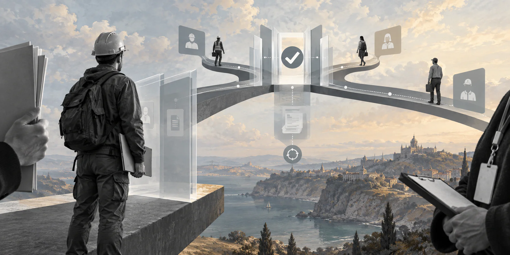 Surreal editorial image representing contractor right to work compliance workflow