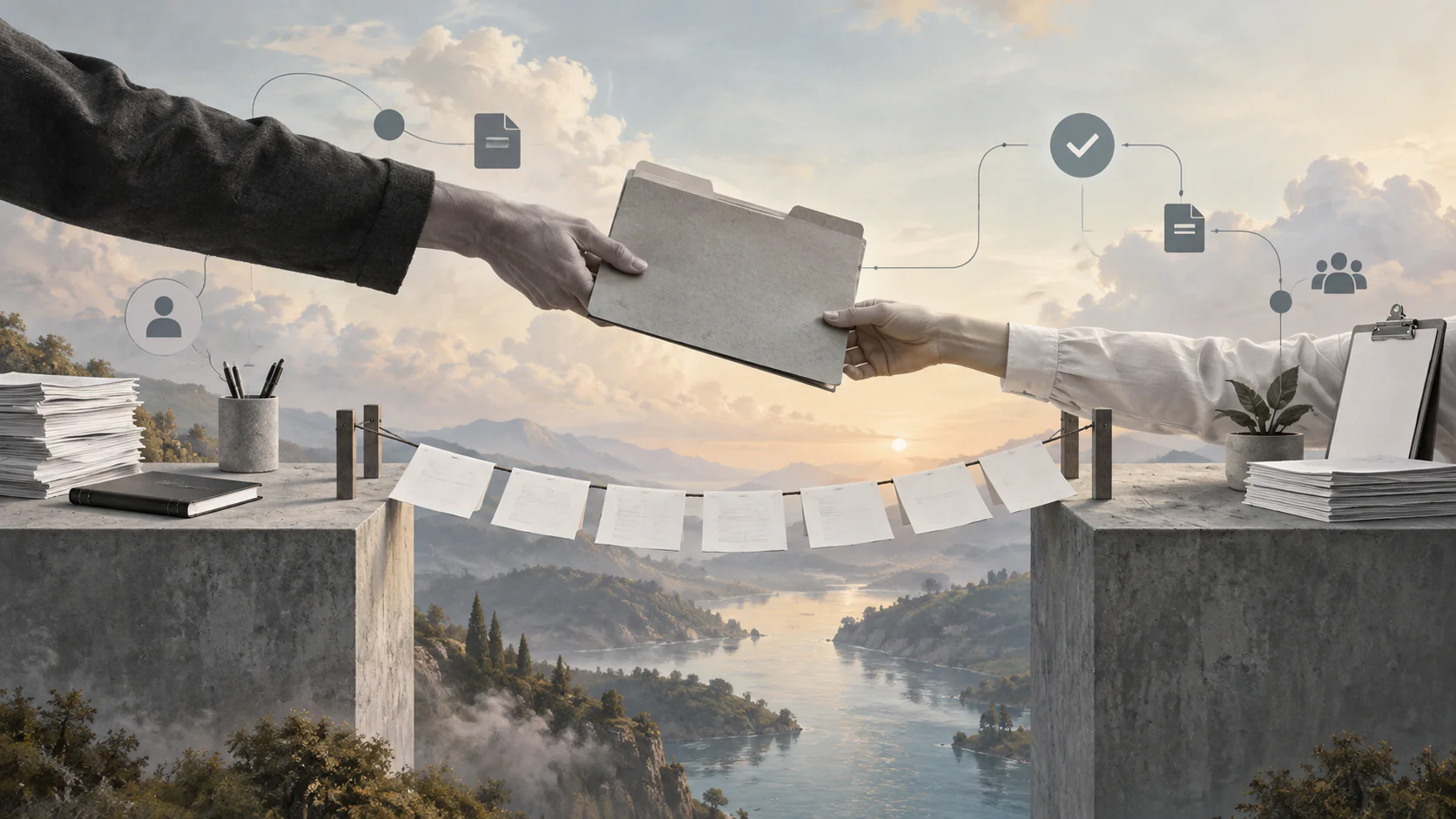 Surreal editorial collage showing a handoff document moving between work owners across a workflow bridge