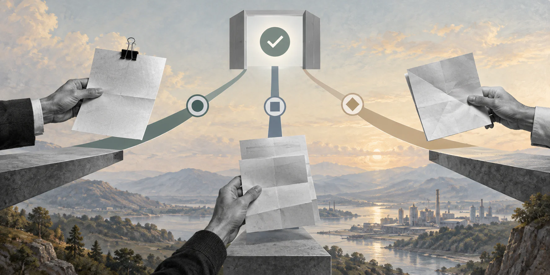 Surreal editorial collage about accounts payable three-way matching