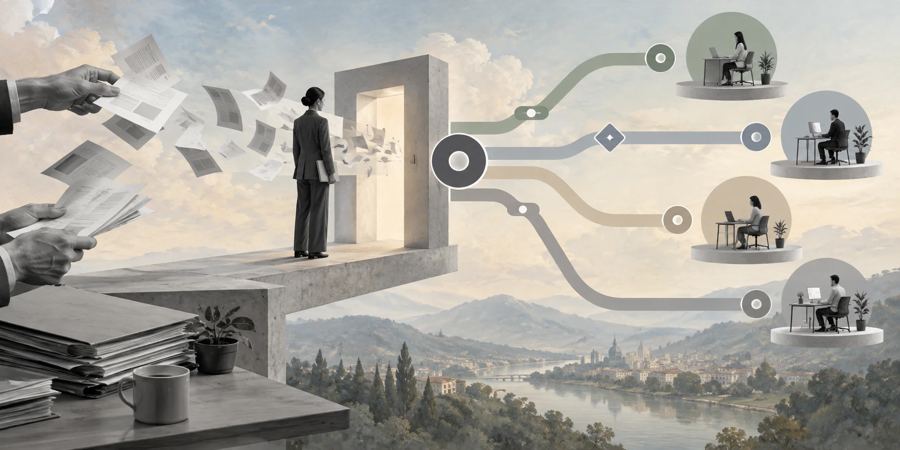 Surreal editorial collage representing structured internal request intake and routed operations workflows