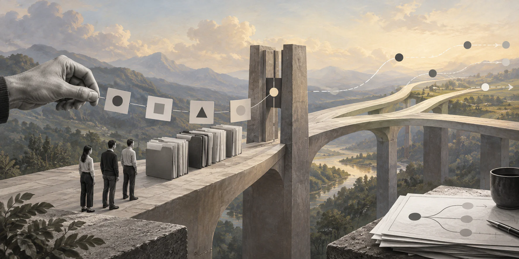 Conceptual image showing a business process bottleneck and redesigned workflow paths