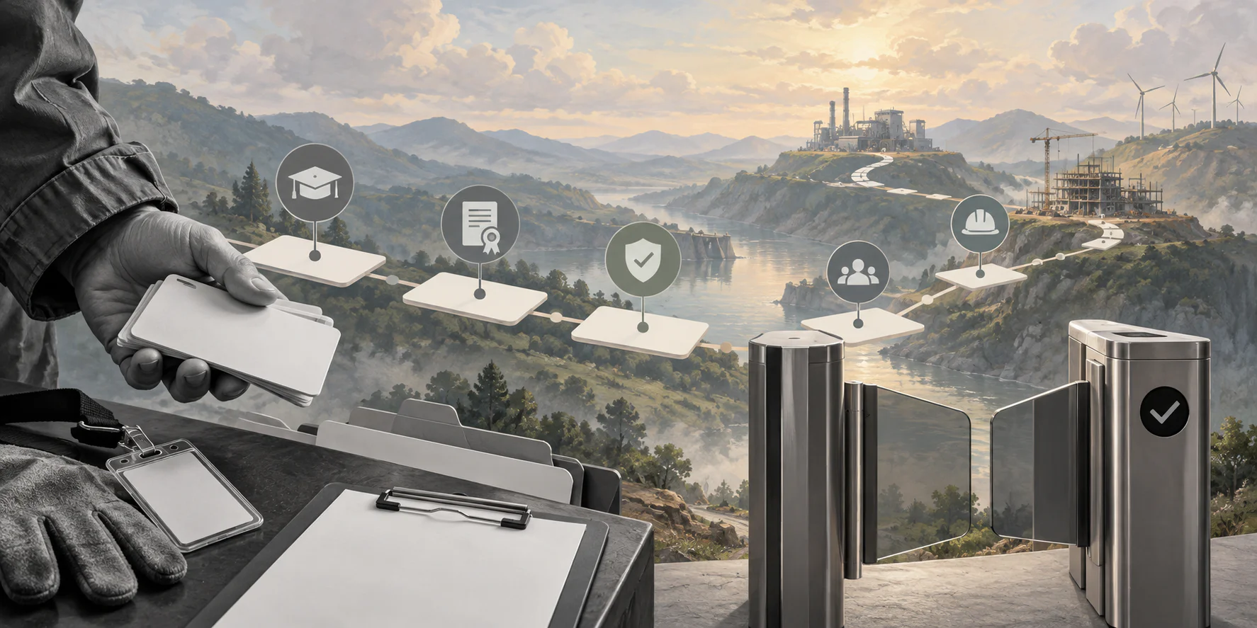 Surreal editorial collage representing contractor training readiness gates