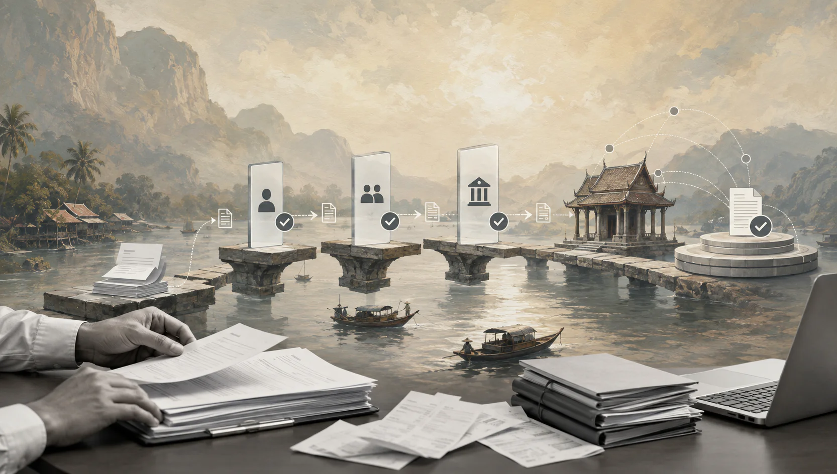 Surreal editorial image representing a Thailand contractor payment workflow