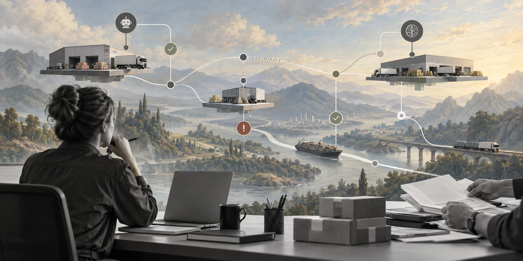 Surreal editorial image about AI logistics workflow automation