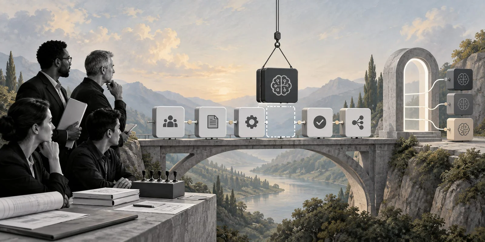 Surreal editorial collage about keeping AI business workflows portable when switching model providers