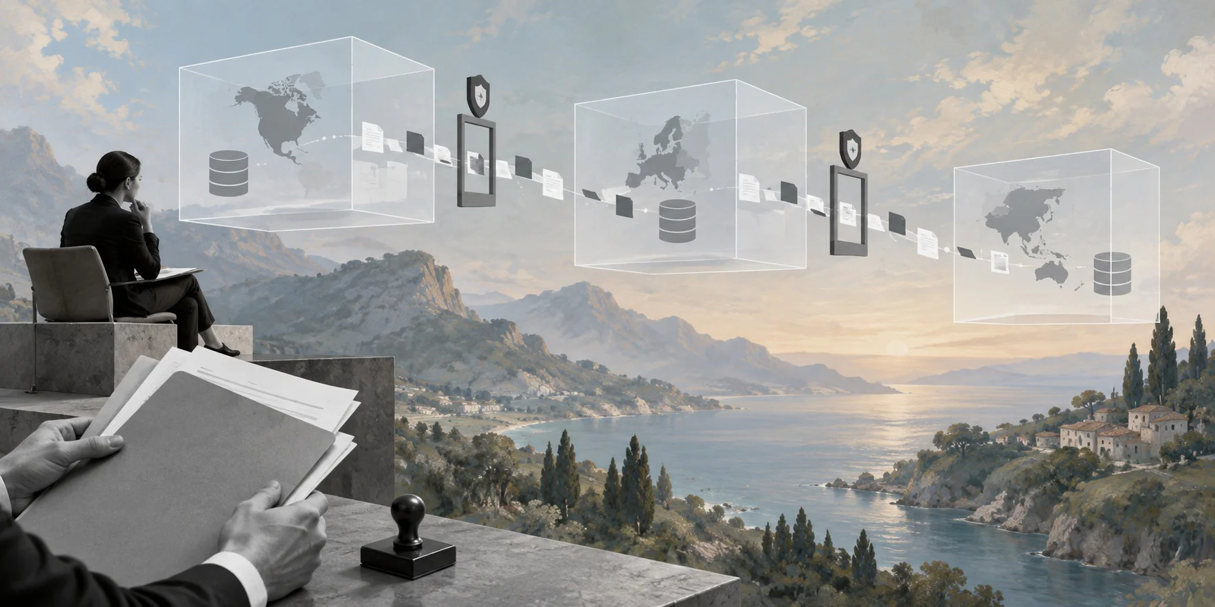 Surreal editorial collage about AI data residency for business workflows
