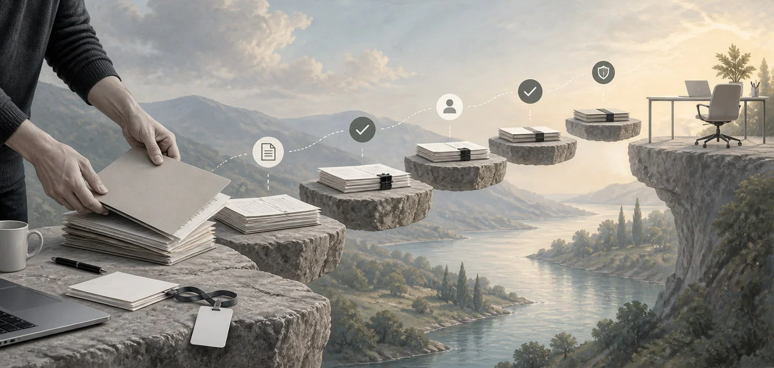 Surreal editorial image representing contractor document checklist workflow