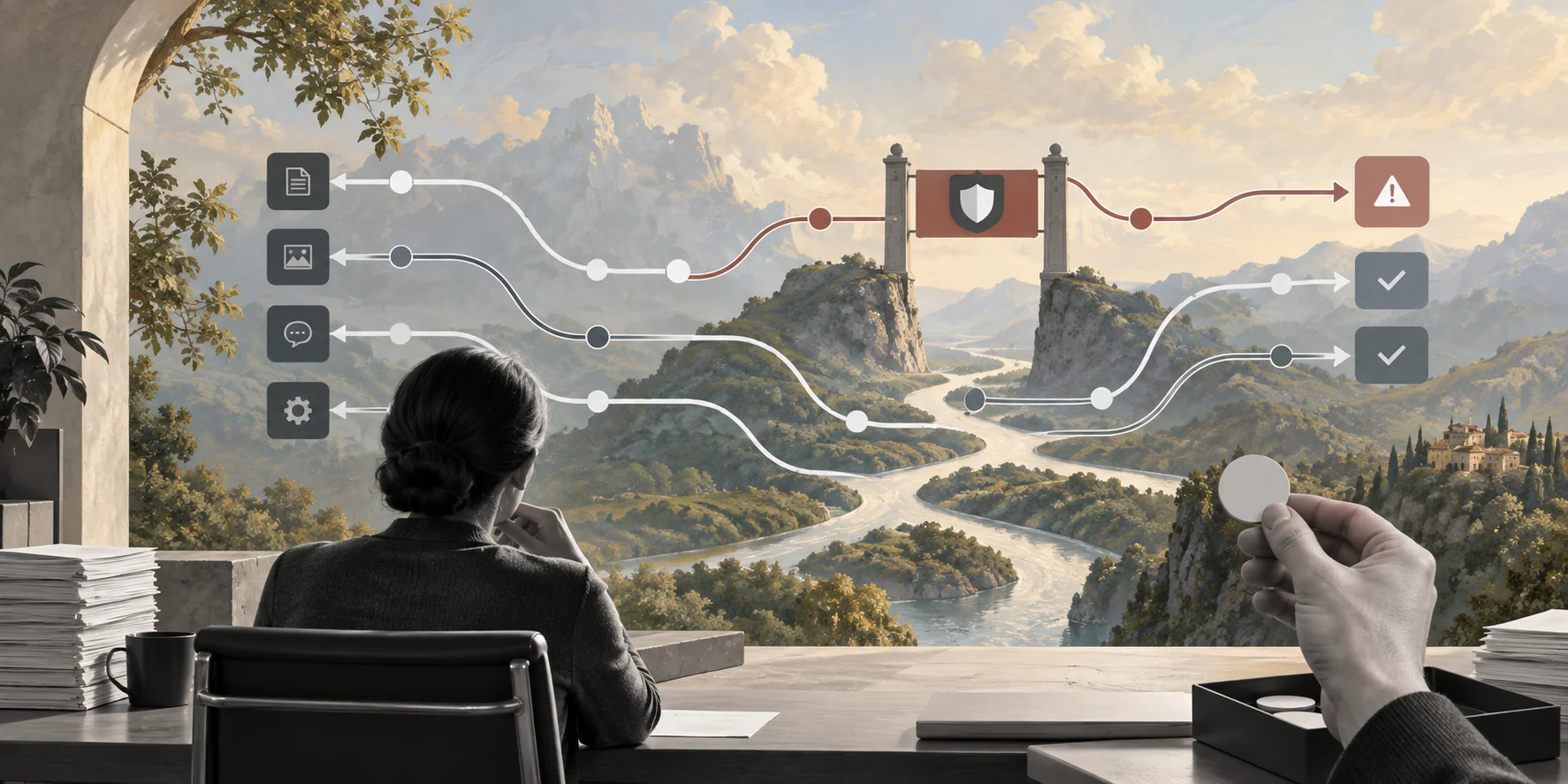 Surreal editorial collage showing selective human approval gates in an AI workflow.