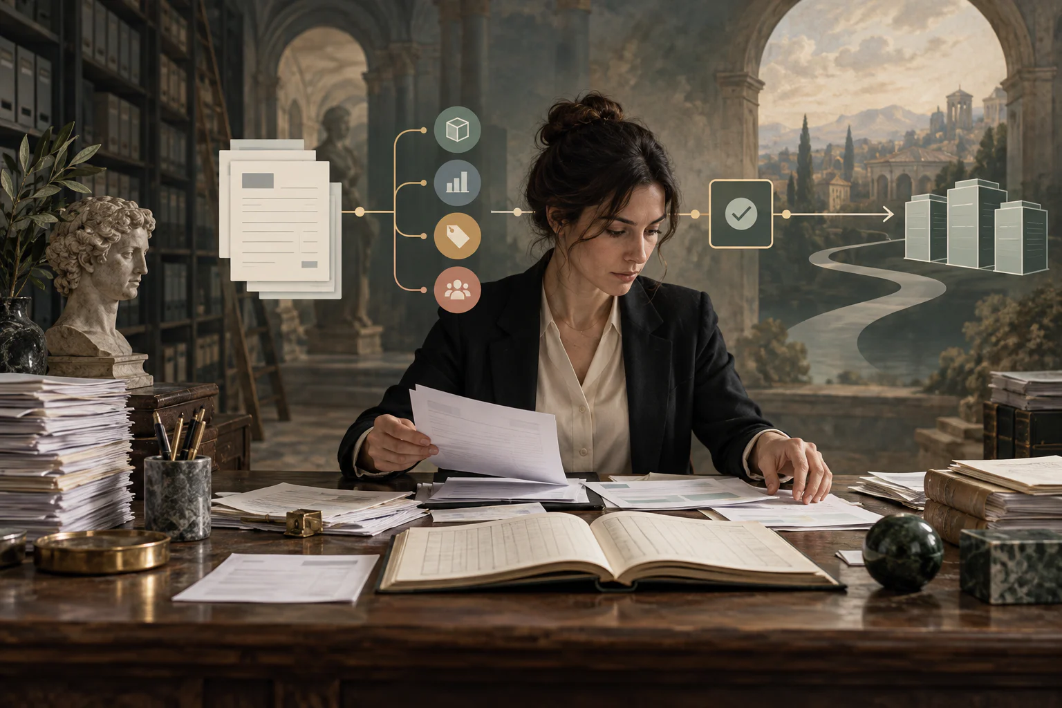 Surreal editorial collage of invoice coding and accounts payable workflow