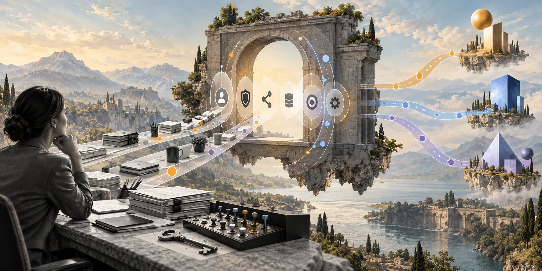 Editorial illustration of a governed LLM gateway connecting business workflows to multiple AI models