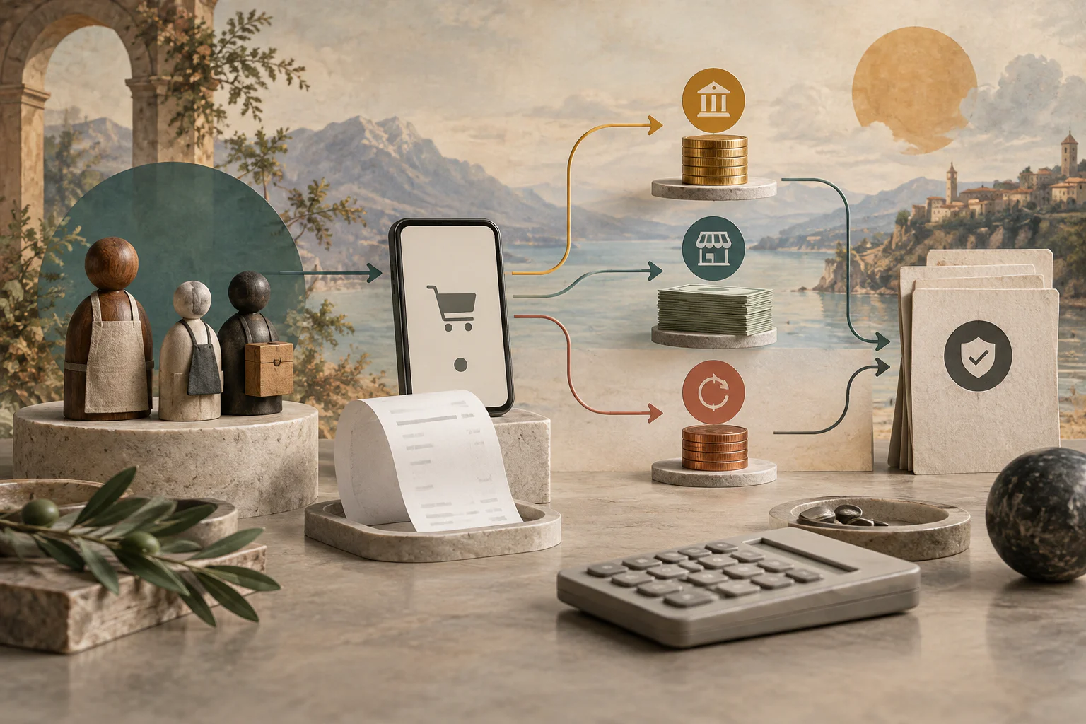 Editorial collage representing marketplace sales tax workflow and finance reconciliation