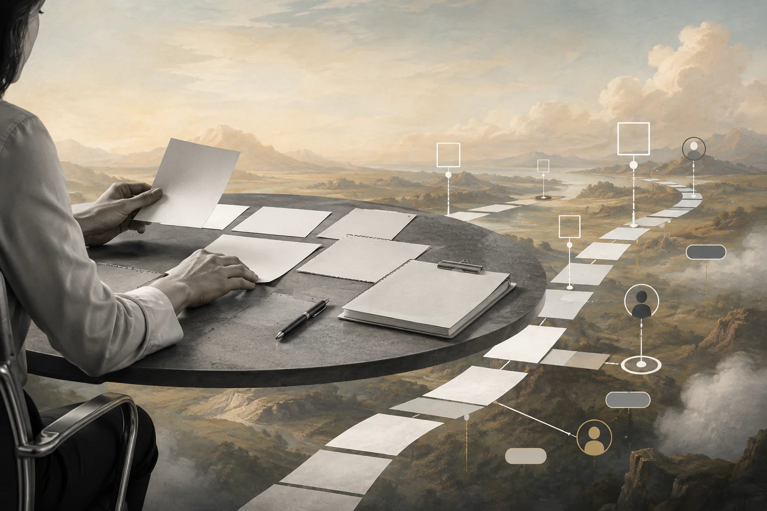 Surreal editorial collage of meeting minutes becoming tracked follow-up work