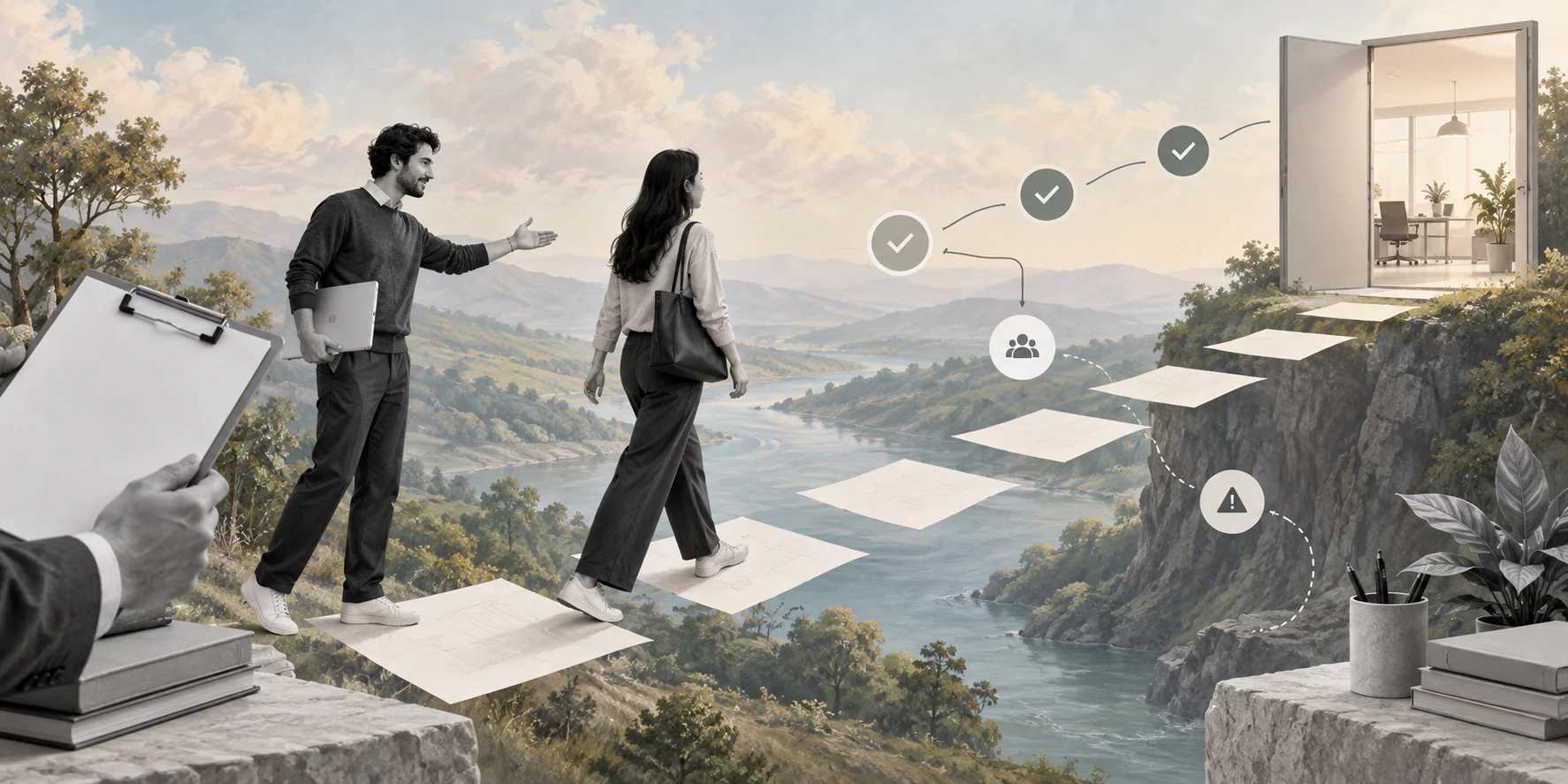 Surreal editorial collage showing a new hire guided through onboarding buddy checkpoints