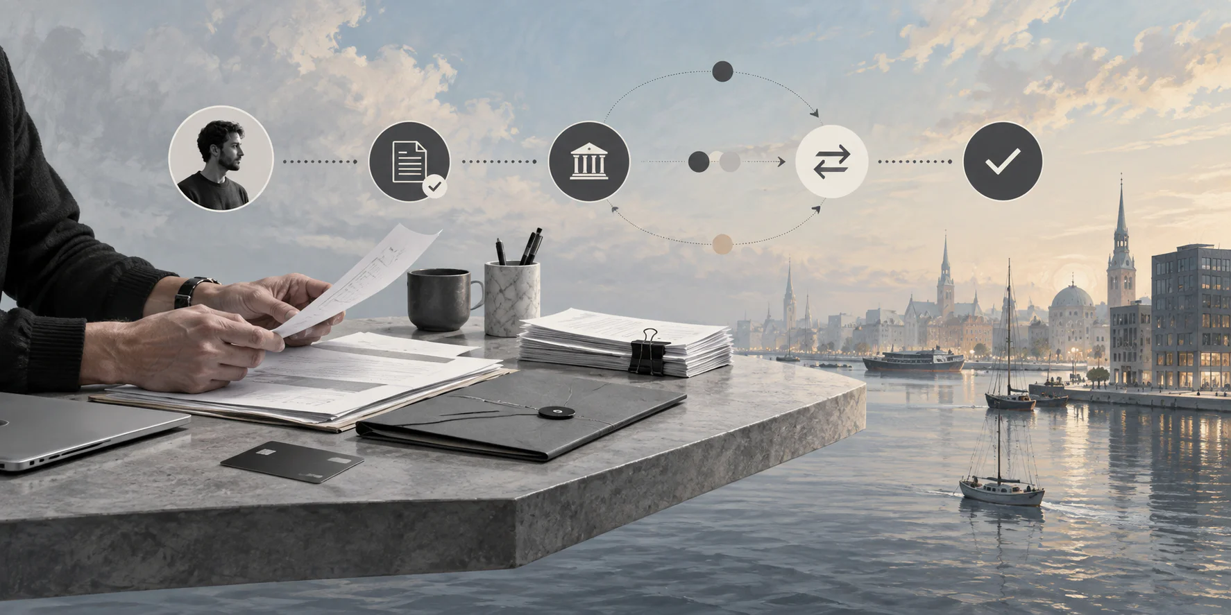 Surreal editorial collage for Danish contractor payment operations