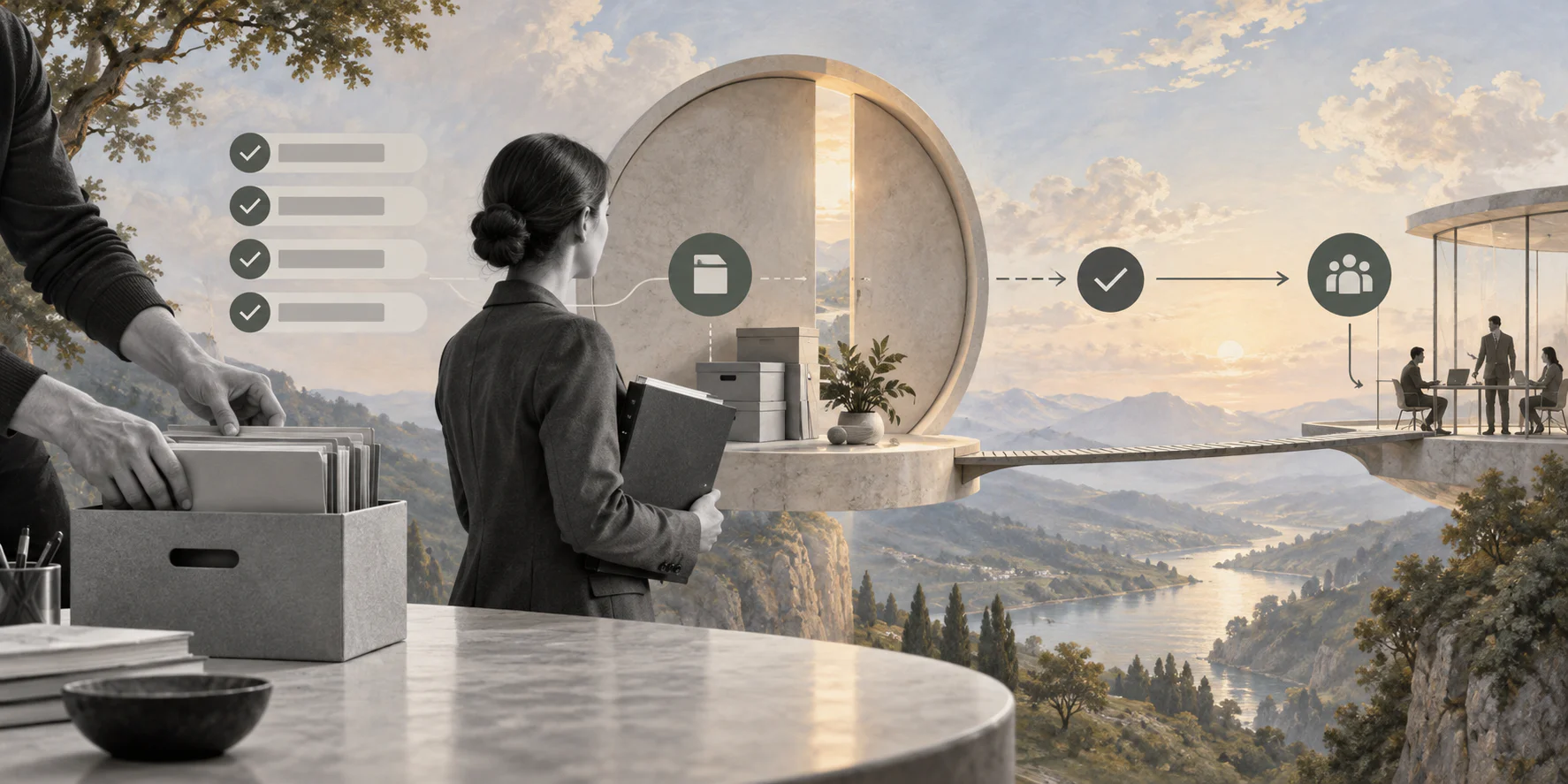Editorial collage representing project closure, approvals, archive, and operational handoff