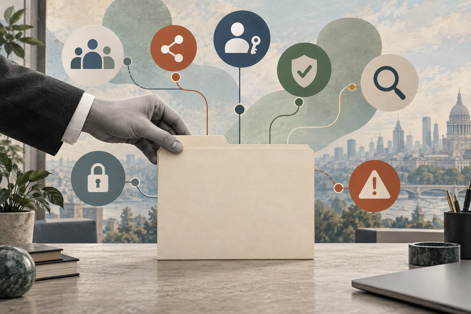 Editorial collage showing a blank policy folder connected to abstract social media governance symbols