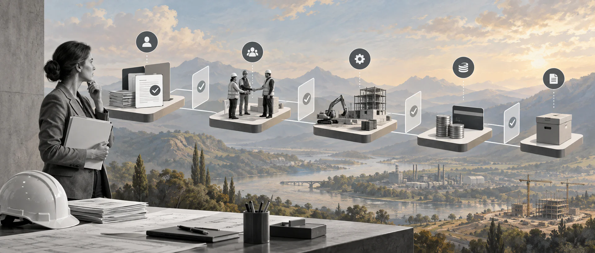 Surreal editorial collage representing a subcontractor management plan workflow