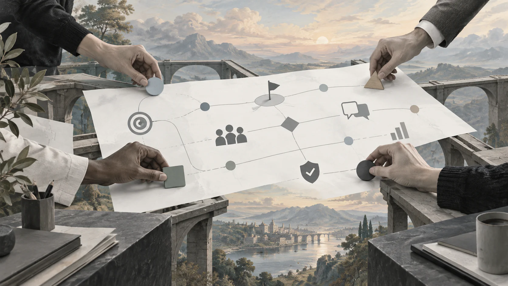 Surreal editorial collage representing a team charter as a shared operating map for cross-functional teams