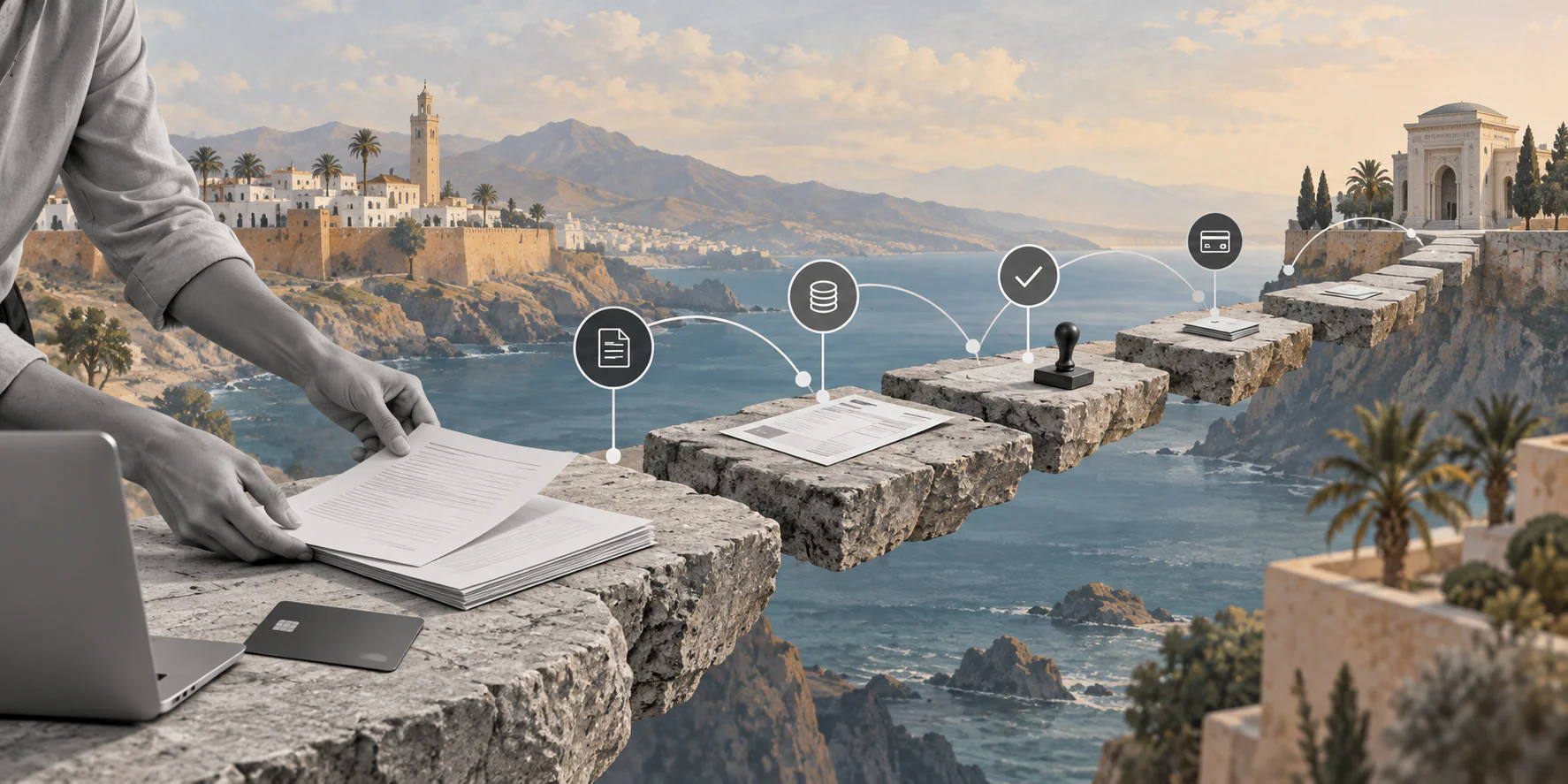 Surreal editorial collage representing cross-border contractor payment workflows for Morocco