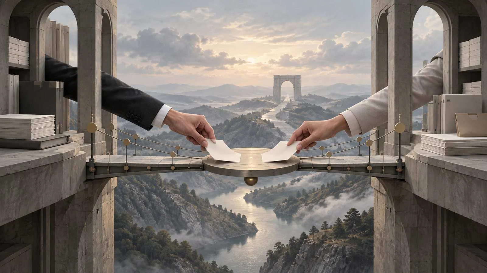 Two hands aligning matching paper slips across an intercompany reconciliation bridge